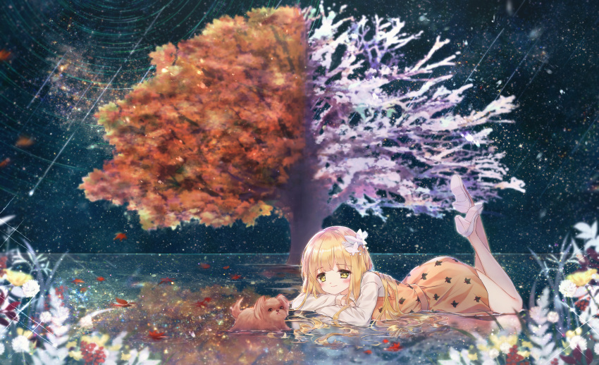 1girl absurdres animal autumn autumn_leaves blurry blurry_foreground blush butterfly_hair_ornament closed_mouth commentary_request commission crossed_arms danby_merong depth_of_field dog dress falling_star flower hair_ornament high_heels highres huge_filesize legs_up long_sleeves looking_at_viewer lying night night_sky on_stomach orange_dress original red_flower reflection shirt shoe_soles shoes sky sleeveless sleeveless_dress sleeves_past_wrists smile solo star_(sky) star_trail starry_sky tree water white_flower white_footwear white_shirt winter yellow_eyes yellow_flower