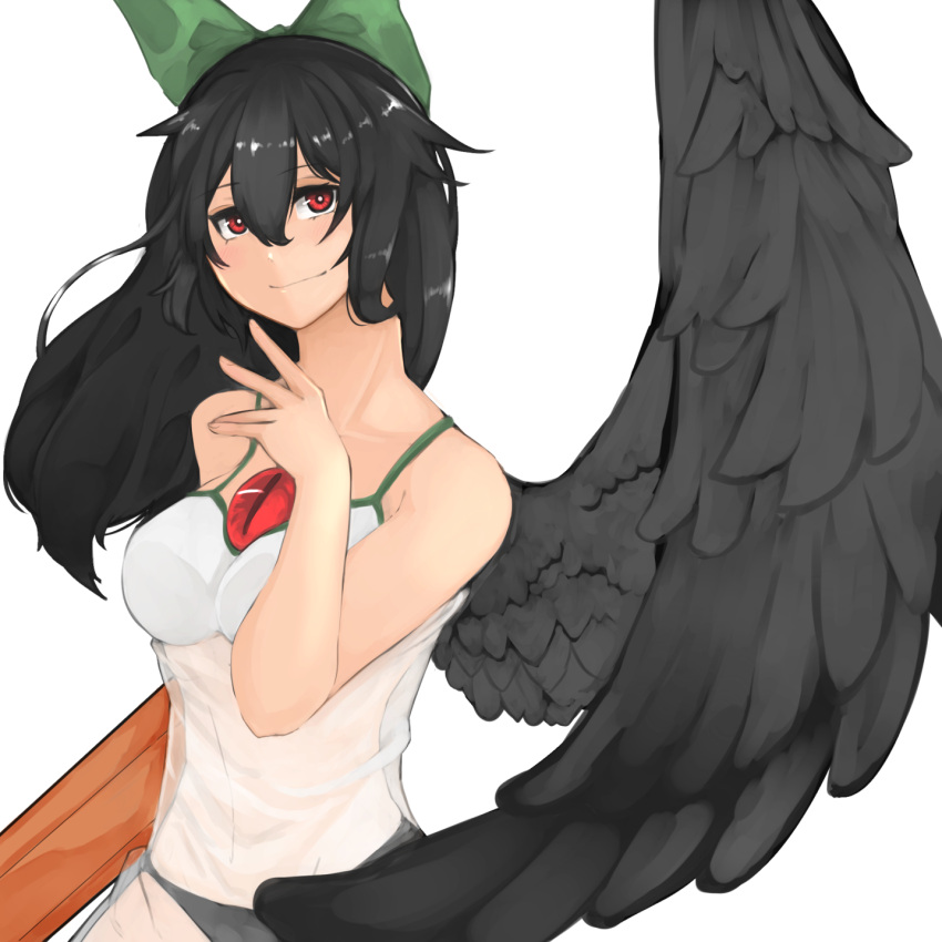 1girl alternate_costume arm_cannon bare_arms bare_shoulders bird_wings black_hair black_panties black_wings blush bow casual closed_mouth collarbone contemporary dress eyebrows_visible_through_hair green_bow hair_between_eyes hair_bow hand_up highres long_hair looking_at_viewer lunateelf panties red_eyes reiuji_utsuho see-through simple_background sleeveless sleeveless_dress slit_pupils smile solo spaghetti_strap stomach third_eye touhou underwear upper_body weapon white_background white_dress white_pupils wings