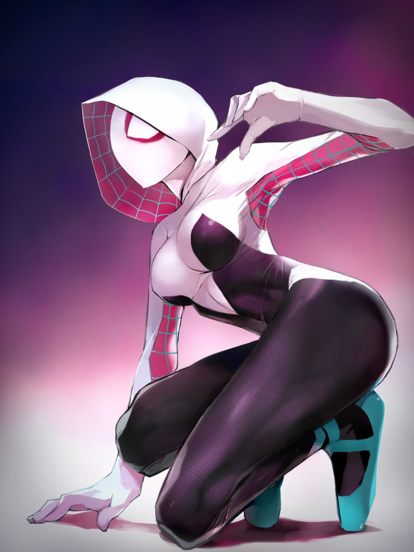 1girl blonde_hair blue_eyes bodysuit gradient gradient_background highres hood marvel mask short_hair solo spider-gwen spider-man_(series) superhero taishi_(picchiridou)