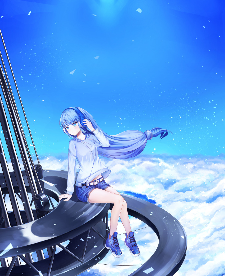 1girl above_clouds absurdres arm_support bangs bare_legs belt belt_buckle blouse blue blue_eyes blue_footwear blue_hair blue_shirt blue_sky blush buckle cellphone closed_mouth clouds cloudy_sky cross-laced_footwear day denim denim_shorts exitb eyebrows_visible_through_hair floating_hair hand_up headphones highres light_smile long_hair long_sleeves looking_to_the_side low-tied_long_hair original outdoors phone shirt shoes short_shorts shorts sidelocks sitting sky sneakers solo thighs tower very_long_hair wind wire