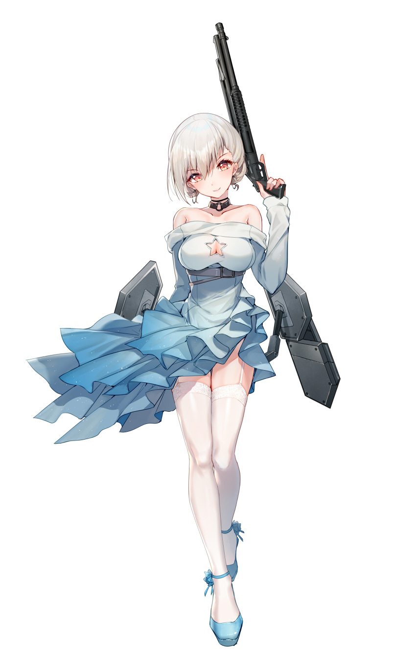 1girl absurdres bangs bare_shoulders bison_cangshu black_collar blue_dress blue_footwear breasts cleavage cleavage_cutout collar collarbone dress earrings eyebrows_visible_through_hair frilled_dress frills full_body garter_straps girls_frontline gun head_tilt high_heels highres holding holding_weapon jewelry long_sleeves looking_at_viewer medium_breasts o-ring official_art red_eyes rmb-93 rmb-93_(girls_frontline) shoes short_hair shotgun silver_hair simple_background smile snowflakes solo star_cutout strapless strapless_dress thigh-highs trigger_discipline weapon white_background white_legwear zettai_ryouiki
