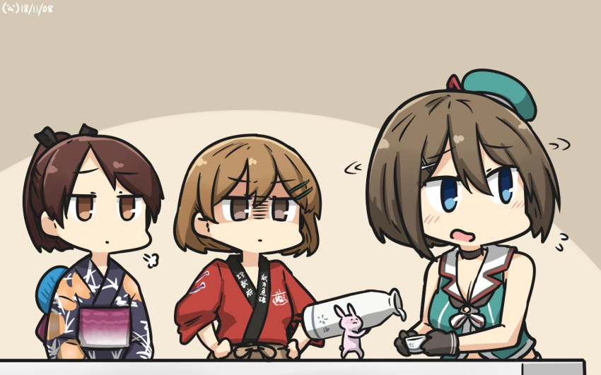 3girls =3 alcohol alternate_costume animal aqua_hat beret black_gloves blue_eyes blush brown_eyes brown_hair dated drunk flying_sweatdrops gloves hair_between_eyes hair_ornament hairclip hamu_koutarou happi hat highres japanese_clothes kantai_collection kimono light_brown_hair long_sleeves maya_(kantai_collection) motion_lines multiple_girls obi oboro_(kantai_collection) open_mouth ponytail rabbit remodel_(kantai_collection) sake sash shikinami_(kantai_collection) short_hair sleeveless wide_sleeves yukata