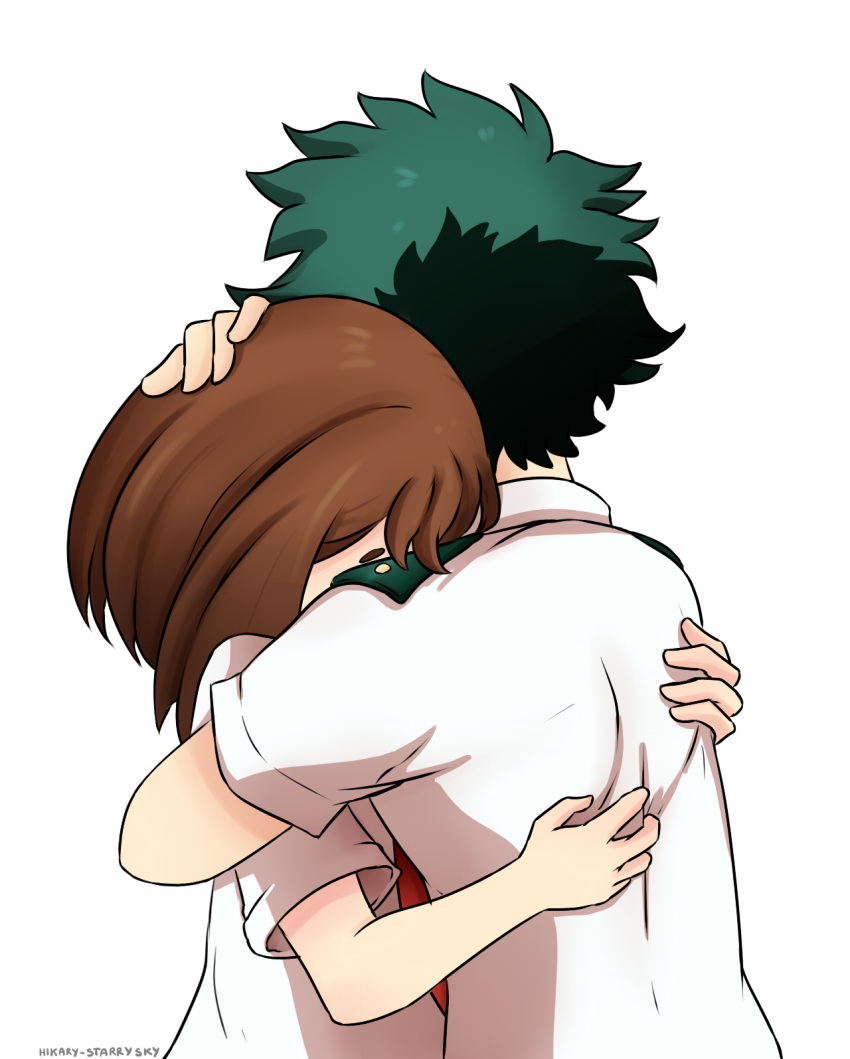 1boy 1girl artist_name boku_no_hero_academia brown_hair from_behind green_hair hand_on_another's_head highres hikary_starrysky hug messy_hair midoriya_izuku necktie red_neckwear shirt short_hair short_sleeves simple_background u.a._school_uniform upper_body uraraka_ochako white_background white_shirt