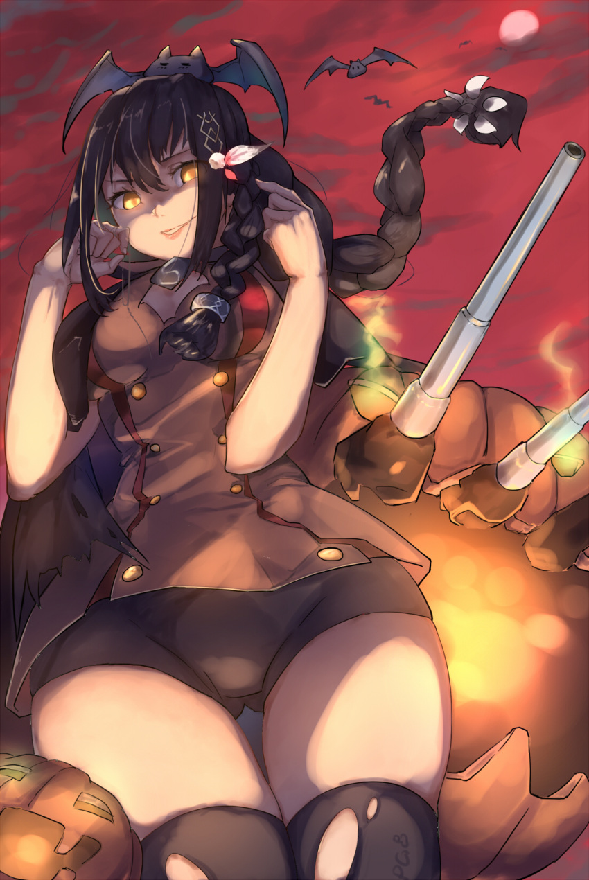 1girl ass_visible_through_thighs azur_lane bat bike_shorts black_hair black_legwear braid capelet chinese_commentary feathers fingernails glowing glowing_eyes hair_feathers hands_up highres jack-o'-lantern jacket lips long_hair looking_at_viewer looking_down moon mou_zhi_pingguo night parted_lips red_moon red_sky signature skindentation sky solo south_dakota_(azur_lane) thigh-highs thighs turret