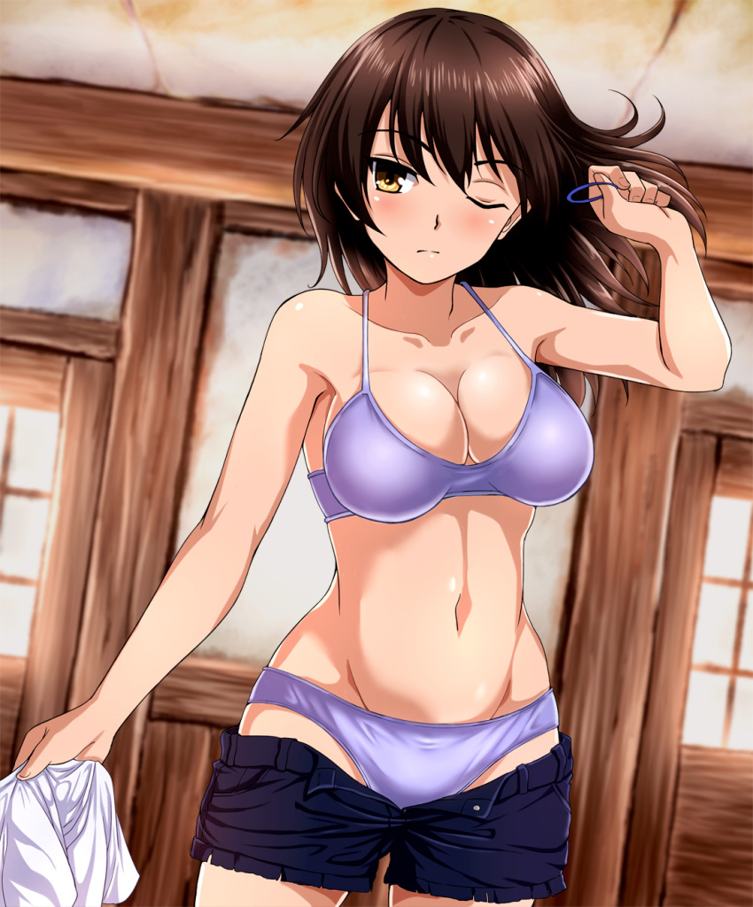 1girl alternate_costume alternate_hairstyle blush bra breasts brown_eyes brown_hair closed_mouth highres kaga_(kantai_collection) kantai_collection large_breasts looking_at_viewer medium_hair one_eye_closed panties purple_bra purple_panties ribbon short_shorts shorts solo underwear window zanntetu