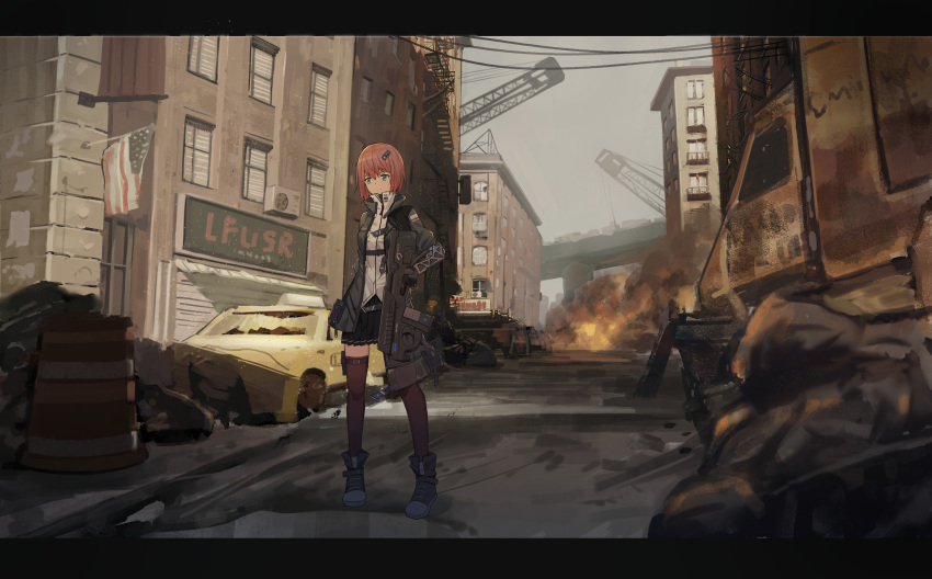 1girl absurdres american_flag asymmetrical_clothes bangs black_coat black_footwear black_gloves black_skirt breasts brown_legwear building car city cityscape closed_mouth coat crane darcy_(pixiv11949485) day expressionless fire flag gloves grey_eyes grey_sky ground_vehicle gun hair_ornament highres holding holding_gun holding_weapon holster legs_apart letterboxed mechanical_arm military military_uniform miniskirt motor_vehicle open_clothes open_coat original outdoors pleated_skirt redhead rifle road rubble science_fiction shirt shoes short_hair sign skirt solo standing street thigh-highs thigh_holster trigger_discipline truck uniform weapon white_shirt window zettai_ryouiki zipper_pull_tab