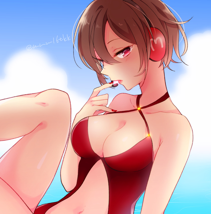 1girl bare_shoulders blue_sky breasts brown_hair cleavage clouds collarbone half-closed_eyes headphones headset kawahara_chisato lips lipstick looking_at_viewer looking_to_the_side makeup medium_breasts meiko navel navel_cutout ocean parted_lips red_eyes short_hair sky solo swimsuit tagme vocaloid