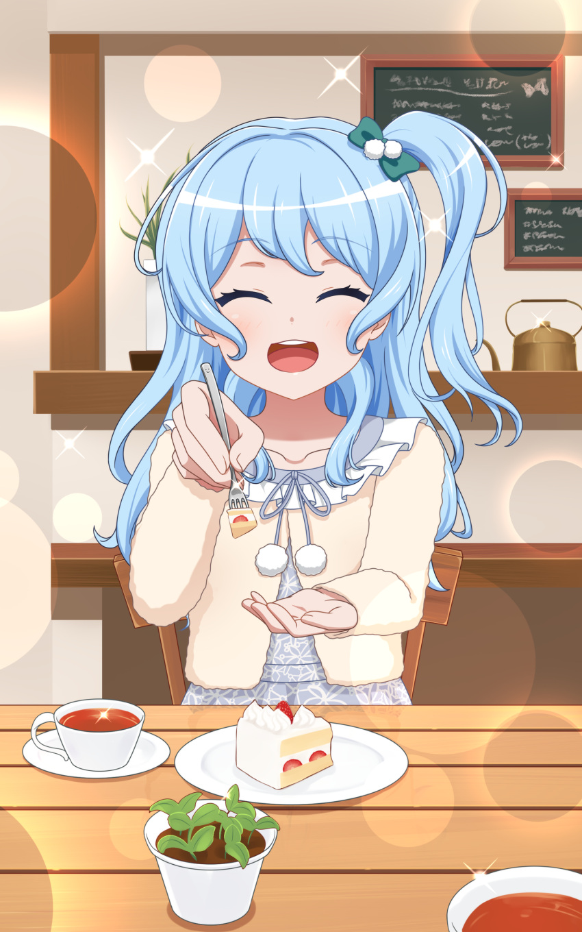1girl ^_^ absurdres aqua_bow bang_dream! bangs blue_hair blush bow cafe chalkboard closed_eyes closed_eyes commentary_request cup cupping_hand facing_viewer feeding food fork furou hair_bow highres holding holding_fork incoming_food indoors jacket kettle light_blue_hair long_hair long_sleeves matsubara_kanon menu_board one_side_up open_mouth plate pom_pom_(clothes) pov_across_table pov_feeding saucer solo sparkle strawberry_shortcake teacup white_jacket