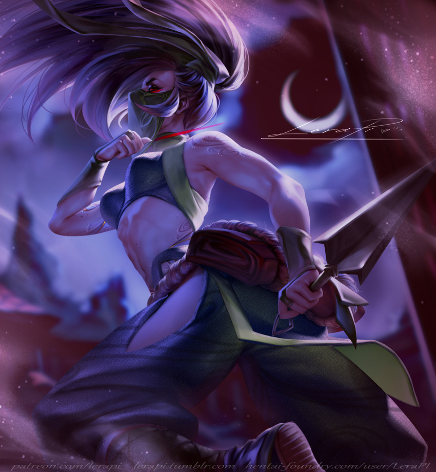 1girl akali akali_(redesign) back_tattoo bare_shoulders black_hair bracer breasts bridal_gauntlets covered_navel crescent_moon dagger eyeshadow face_mask hair_flip highres hip_vent league_of_legends lera_pi long_hair looking_at_viewer makeup mask medium_breasts moon navel night ninja pants patreon_username ponytail red_eyes redesign reverse_grip shoulder_tattoo solo tattoo toned tumblr_username weapon