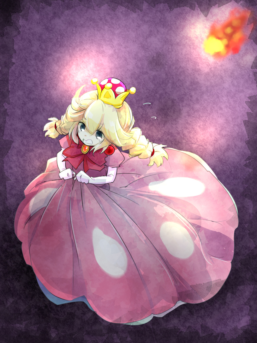 1girl blonde_hair bow braid crown dress elbow_gloves fireball fleeing flying_sweatdrops gem gloves grey_eyes highres long_hair super_mario_bros. moro_(like_the_gale!) new_super_mario_bros._u_deluxe nintendo peachette pink_bow puffy_short_sleeves puffy_sleeves running short_sleeves spots super_crown toadette twin_braids wavy_mouth white_gloves