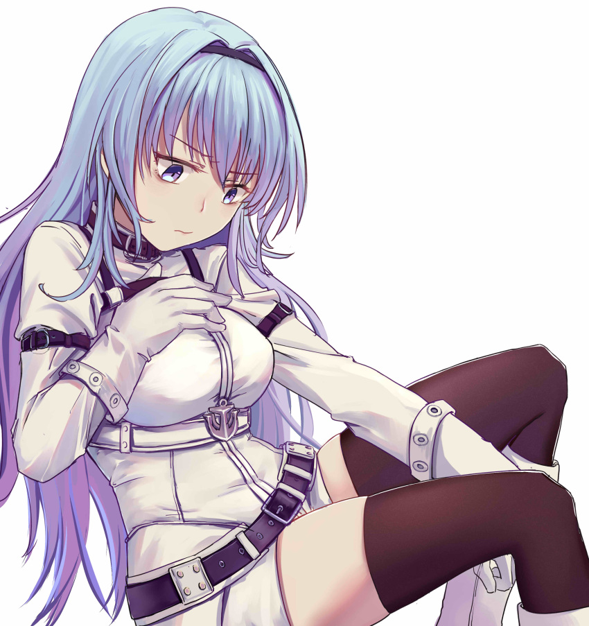 1girl absurdres arm_belt belt between_legs black_legwear blue_eyes blue_hair boots chinese_commentary coat from_side gloves hair_intakes hand_between_legs hand_on_own_chest highres looking_down solo sterett_(zhan_jian_shao_nyu) thigh-highs ululan white_footwear white_gloves zettai_ryouiki zhan_jian_shao_nyu