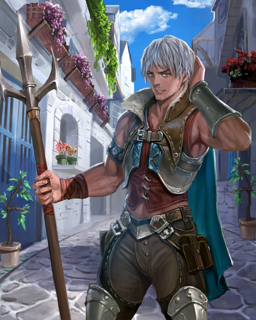 1boy blue_cape blue_sky bracer brown_eyes cape clouds day facial_hair facial_scar ggozira hand_up highres male_focus official_art outdoors pants parted_lips plant polearm potted_plant pouch scar silver_hair sky spear standing stubble tenkuu_no_crystalia weapon