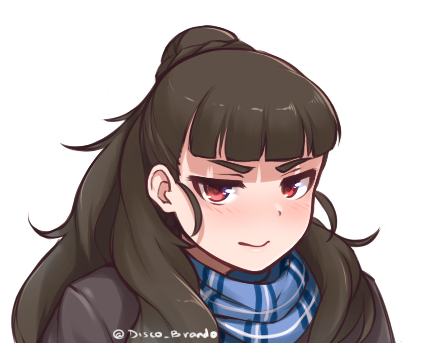 1girl bangs blue_scarf blunt_bangs blush brown_hair closed_mouth commentary disco_brando hair_bun idolmaster idolmaster_cinderella_girls kamiya_nao long_hair looking_at_viewer plaid plaid_scarf red_eyes scarf scowl simple_background solo thick_eyebrows upper_body white_background