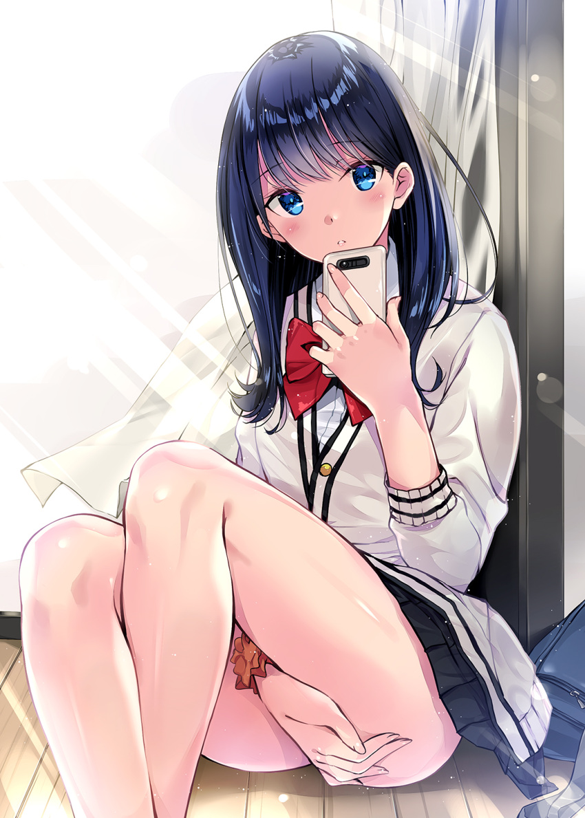 1girl ass bangs black_hair black_skirt blue_eyes blush bow bowtie breasts cardigan cellphone commentary_request covering covering_crotch eyebrows_visible_through_hair highres holding holding_phone kobayashi_chisato long_hair long_sleeves looking_at_viewer no_panties open_mouth orange_scrunchie phone pleated_skirt red_bow revision school_uniform scrunchie shirt sidelocks sitting skirt smartphone solo ssss.gridman takarada_rikka thighs white_cardigan white_shirt wrist_scrunchie