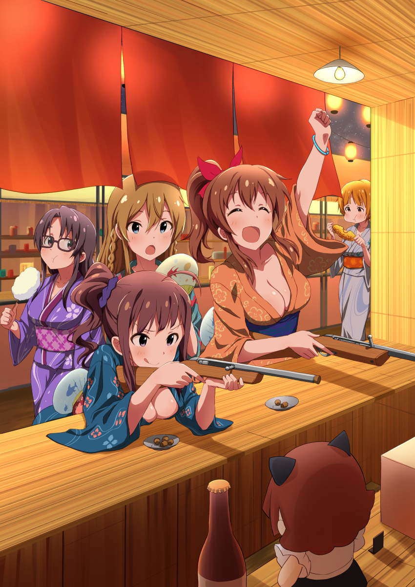 5girls :&gt; :o :q absurdres arm_up asanaya bangs black_eyes black_hair blonde_hair blue_eyes blue_kimono blush bottle braid breast_rest breasts brown_hair character_request closed_eyes cork corn cotton_candy eating fan festival firing fist_pump glasses grey_eyes gun hair_between_eyes highres idolmaster idolmaster_million_live! idolmaster_million_live!_theater_days japanese_clothes kimono kousaka_umi lantern long_hair long_sleeves looking_at_another medium_breasts multiple_girls no_bra open_mouth orange_hair orange_kimono paper_fan paper_lantern parted_bangs ponytail purple_kimono rifle ringlets sash satake_minako scrunchie short_hair side_braid side_ponytail sidelocks takayama_sayoko tongue tongue_out twin_braids weapon wide_sleeves yokoyama_nao yukata