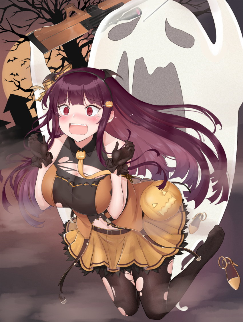 1girl @_@ ankle_lace-up arms_up bare_shoulders bare_tree bat_wings black_hairband black_wings blush bow breasts brown_gloves brown_legwear bullpup collarbone collared_shirt commentary_request cross-laced_footwear fake_wings full_moon ghost girls_frontline gloves gun hair_bow hair_ornament hairband hairclip halloween hands_up head_wings highres holding holding_gun holding_weapon jack-o'-lantern jack-o'-lantern_hair_ornament large_breasts long_hair mentai_mayo moon nose_blush object_namesake open_mouth orange_bow orange_footwear orange_shirt orange_skirt pantyhose pleated_skirt purple_hair red_eyes rifle scared shirt shoes shoes_removed sidelocks skirt sniper_rifle solo torn_clothes torn_legwear torn_shirt tree very_long_hair wa2000_(girls_frontline) walther walther_wa_2000 weapon wings