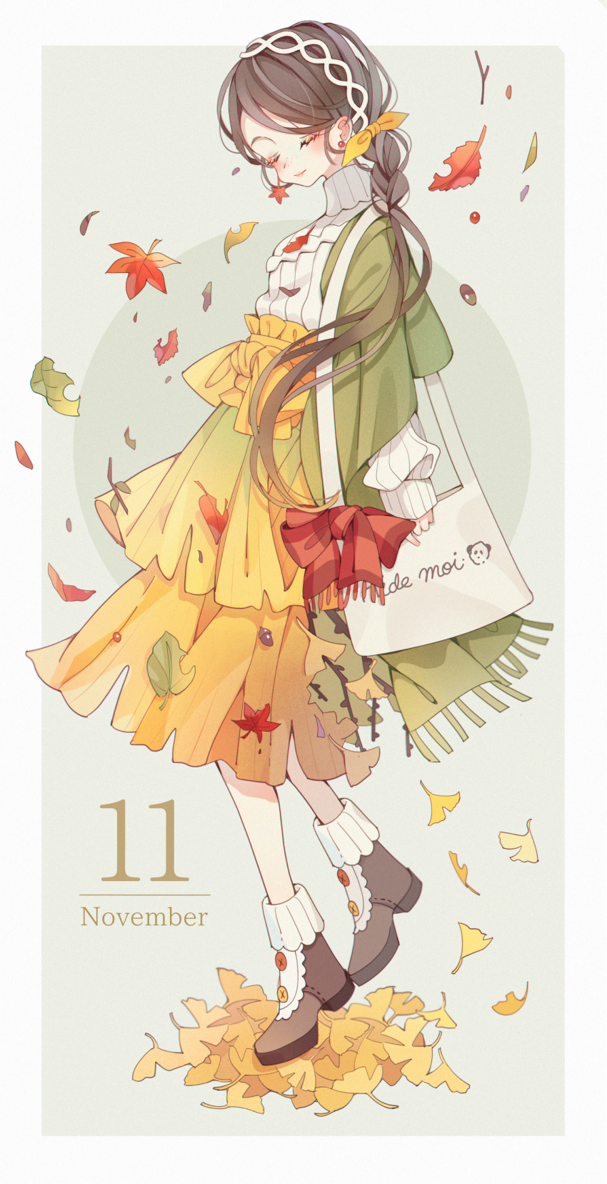 1girl absurdres autumn autumn_leaves bag beige_background boots bow braid brown_footwear brown_hair calendar_(medium) closed_eyes earrings english full_body ginkgo_leaf green_jacket hair_ribbon hairband high-waist_skirt highres huge_filesize jacket jewelry long_hair november original personification red_bow ribbed_sweater ribbon shiraho_(color-56) shoulder_bag single_braid skirt smile solo sweater twig white_hairband white_sweater yellow_ribbon yellow_skirt
