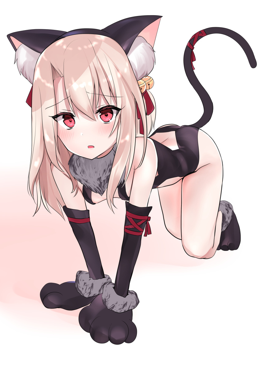 1girl absurdres all_fours animal_ears ass bangs bare_shoulders bell black_gloves black_legwear black_leotard blush breasts cat_ears cat_tail elbow_gloves eyelashes fate/kaleid_liner_prisma_illya fate_(series) fur_collar gloves hair_between_eyes hair_ribbon highres hips illyasviel_von_einzbern jingle_bell leotard long_hair looking_at_viewer natsu_(sinker8c) open_mouth paw_gloves paw_shoes paws red_eyes red_ribbon ribbon shoes simple_background small_breasts solo tail thigh-highs thighs white_background white_hair