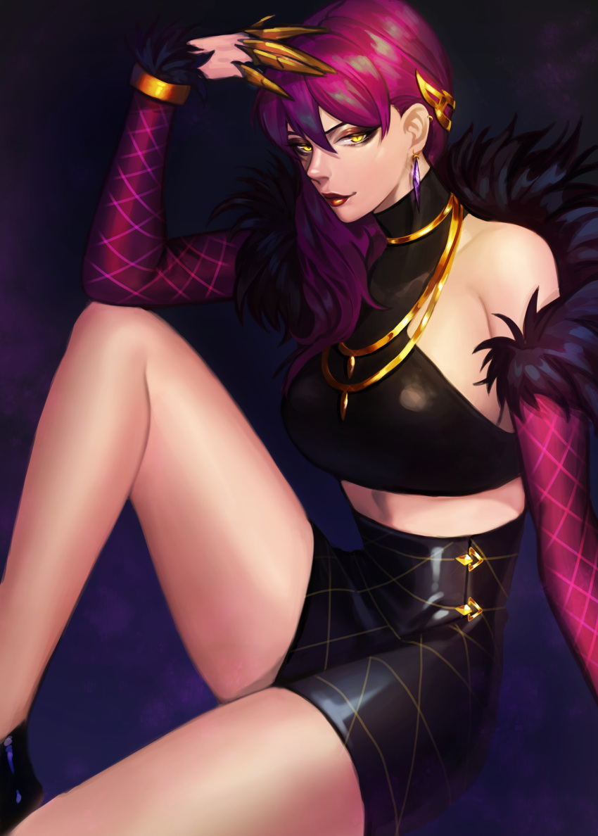 1girl absurdres bare_shoulders breasts claws earrings evelynn fur_trim hair_ornament half-closed_eyes highres jewelry k/da_(league_of_legends) k/da_evelynn league_of_legends lipstick makeup mascara midriff necklace on_(isk1812) purple_hair red_lipstick sitting skirt sleeveless solo yellow_eyes