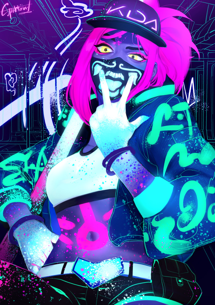 1girl akali asymmetrical_legwear baseball_cap belt bracelet breasts crop_top cunnilingus_gesture face_mask glowing hat highres inverted_colors jacket jewelry k/da_(league_of_legends) k/da_akali league_of_legends long_sleeves looking_at_viewer mask midriff monochrome navel neon open_clothes pants pouch solo sparrowl yellow_eyes