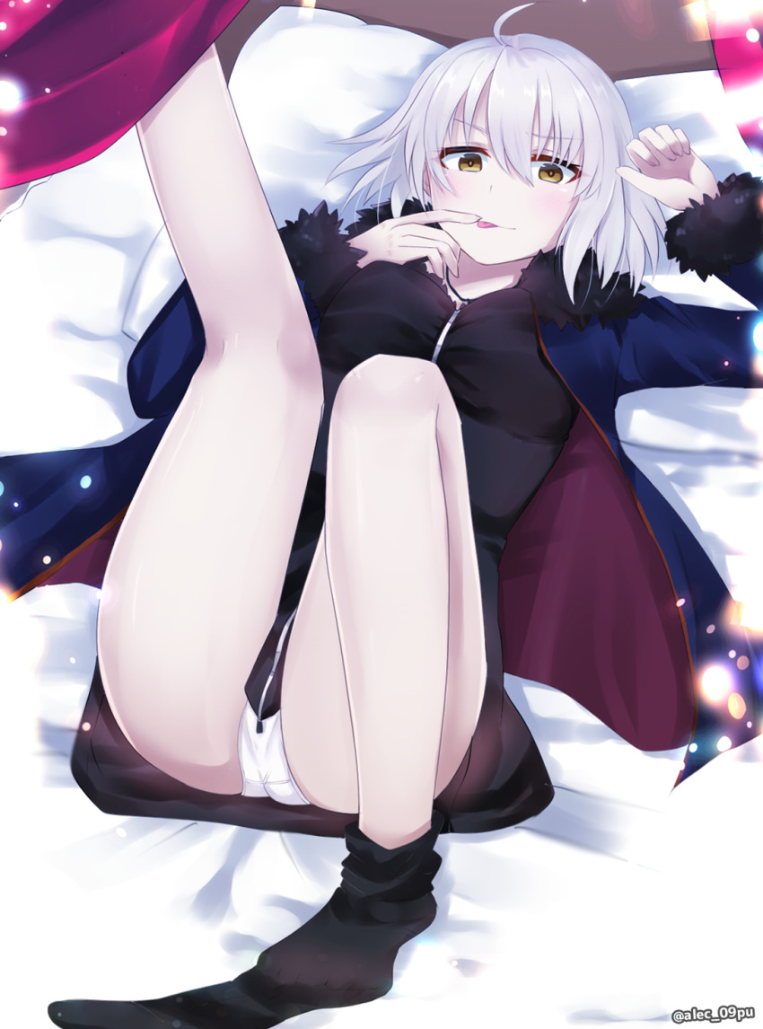1girl ahoge alec-gdlk arm_up ass bangs bed_sheet black_dress black_legwear blue_jacket blush breasts brown_eyes closed_mouth commentary_request dress eyebrows_visible_through_hair fate/grand_order fate_(series) fingernails fur-trimmed_jacket fur-trimmed_sleeves fur_trim hair_between_eyes highres jacket jeanne_d'arc_(alter)_(fate) jeanne_d'arc_(fate)_(all) knee_up kneehighs kneehighs_pull leg_up long_sleeves looking_at_viewer lying no_shoes on_back open_clothes open_jacket panties pillow silver_hair small_breasts solo tongue tongue_out twitter_username underwear v-shaped_eyebrows white_panties wicked_dragon_witch_ver._shinjuku_1999
