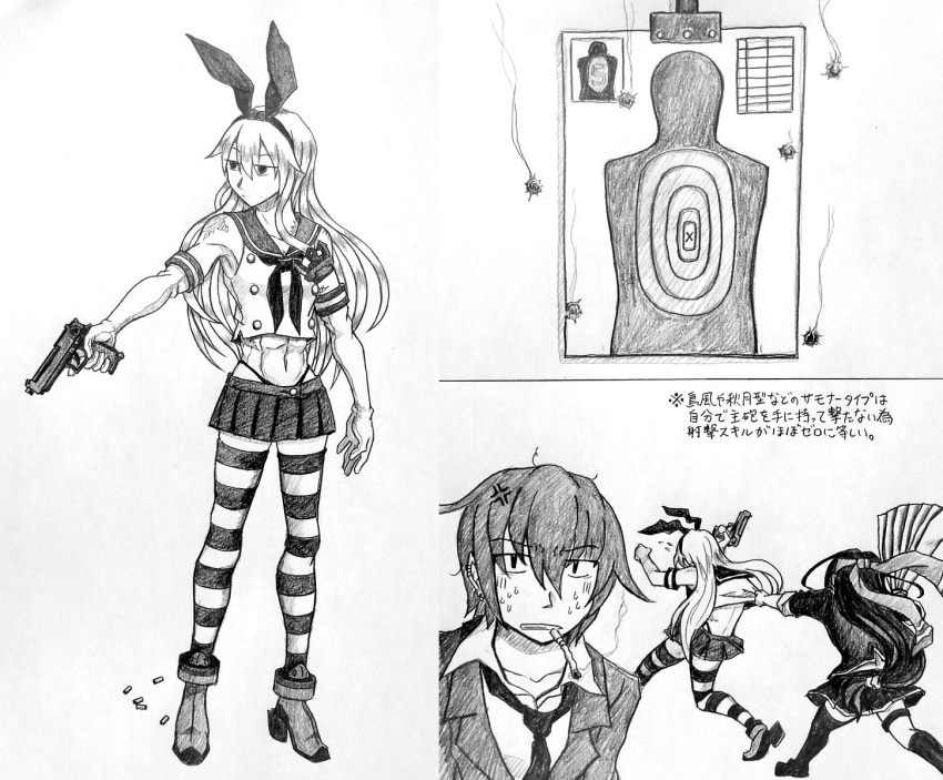 bullet_hole cigarette colored_pencil_(medium) crop_top elbow_gloves gloves graphite_(medium) gun hair_ribbon handgun hatsushimo_(kantai_collection) headband highleg highleg_panties highres kantai_collection long_hair low-tied_long_hair mechanical_pencil miniskirt monochrome multiple_girls neobandle panties pencil pistol pleated_skirt ribbon scar school_uniform serafuku shell_casing shimakaze_(kantai_collection) short_hair single_thighhigh skirt striped striped_legwear target target_practice thigh-highs toned traditional_media translation_request underwear wakaba_(kantai_collection) weapon