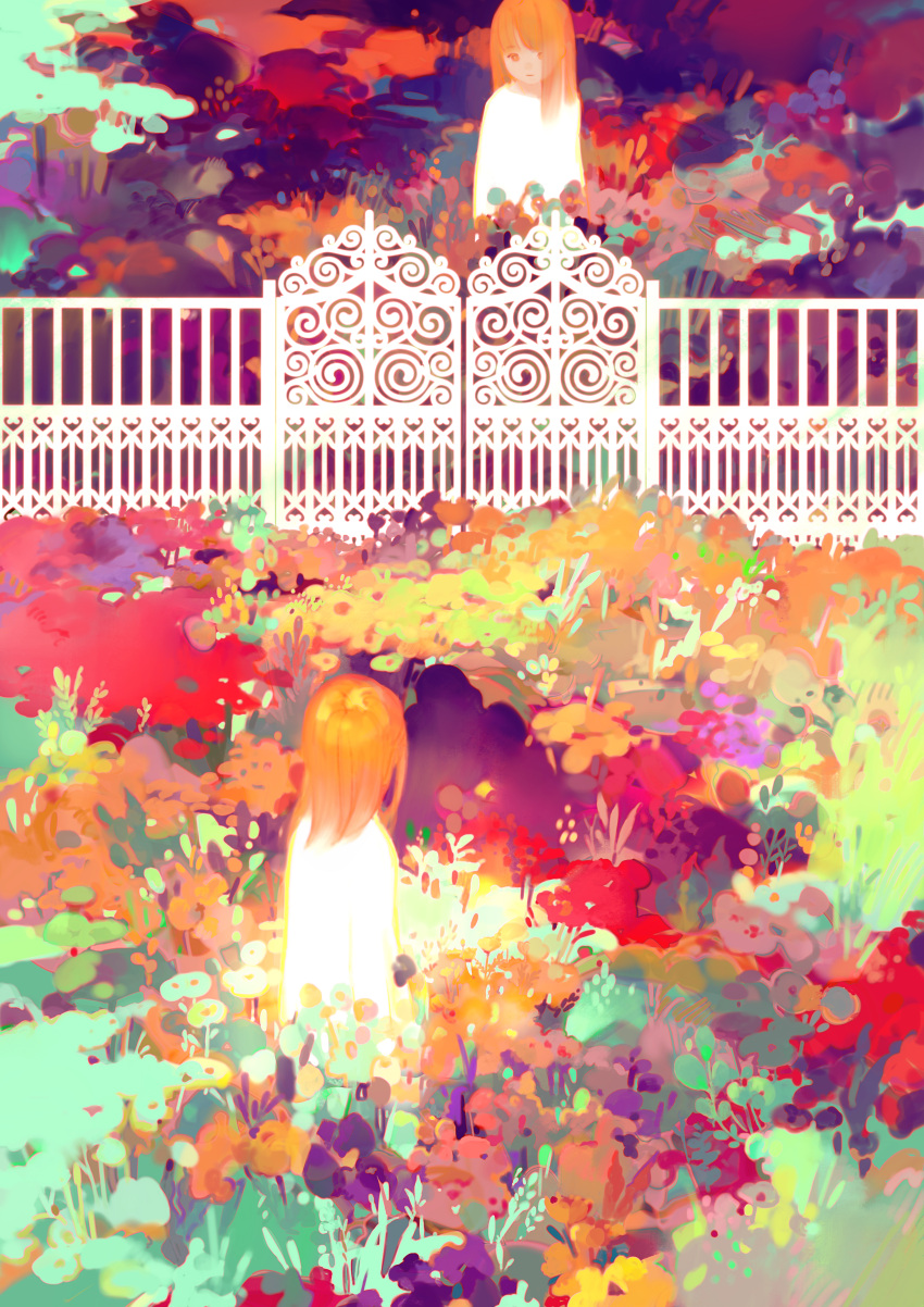 2girls absurdres commentary eye_contact fence flower garden gate glowing highres long_hair looking_at_another multiple_girls orange_eyes orange_hair original outdoors reflection satomatoma scenery tree