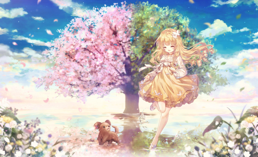 1girl :d absurdres animal bangs blonde_hair blue_sky blurry blurry_foreground butterfly_hair_ornament closed_eyes clouds cloudy_sky commission danby_merong day depth_of_field dog eyebrows_visible_through_hair facing_viewer flower hair_ornament hanbok high-waist_skirt highres huge_filesize korean_clothes long_hair long_sleeves open_mouth original outdoors petals pink_flower reflection ringlets skirt sky smile solo spring_(season) standing standing_on_one_leg summer tree very_long_hair water white_flower white_legwear wide_sleeves yellow_flower yellow_skirt