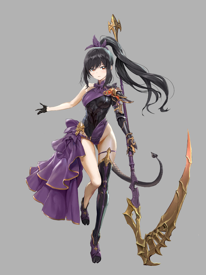 1girl absurdres black_gloves black_legwear bow bracer breasts brown_eyes full_body ggozira gloves grey_background hair-bow highres long_hair looking_at_viewer medium_breasts original ponytail purple_bow scythe shoulder_armor single_thighhigh solo standing tail thigh-highs