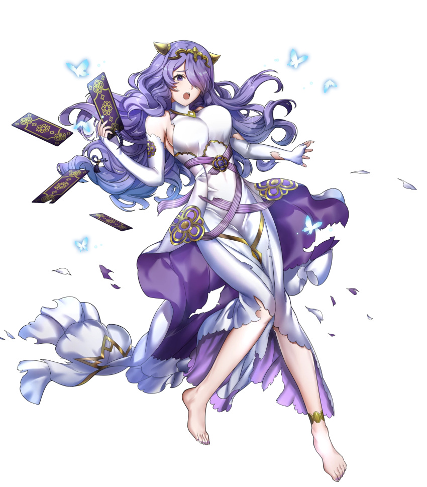 1girl barefoot breasts camilla_(fire_emblem_if) dress feet fire_emblem fire_emblem_heroes fire_emblem_if highres large_breasts long_hair nail_polish nintendo official_art purple_hair sideboob solo toes transparent_background violet_eyes