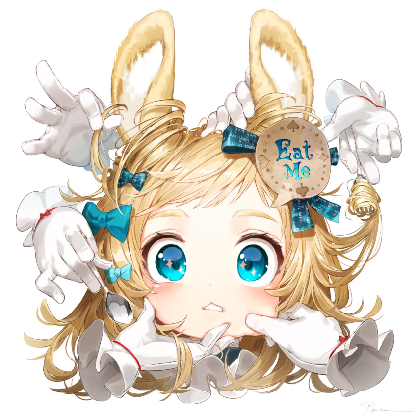 1girl animal_ears aqua_bow aqua_eyes aqua_ribbon bangs blonde_hair blue_bow bow cheek_pull clenched_teeth club_(shape) diamond_(shape) english face fork gloves hair_bow hair_ornament hair_ribbon hair_twirling hand_on_another's_cheek hand_on_another's_chin hand_on_another's_face head heart holding holding_fork holding_spoon long_hair looking_at_viewer original rabbit_ears red_ribbon ribbon ryota_(ry_o_ta) shiny shiny_hair sidelocks signature simple_background spade_(shape) sparkling_eyes spoon teeth white_background white_gloves wide-eyed