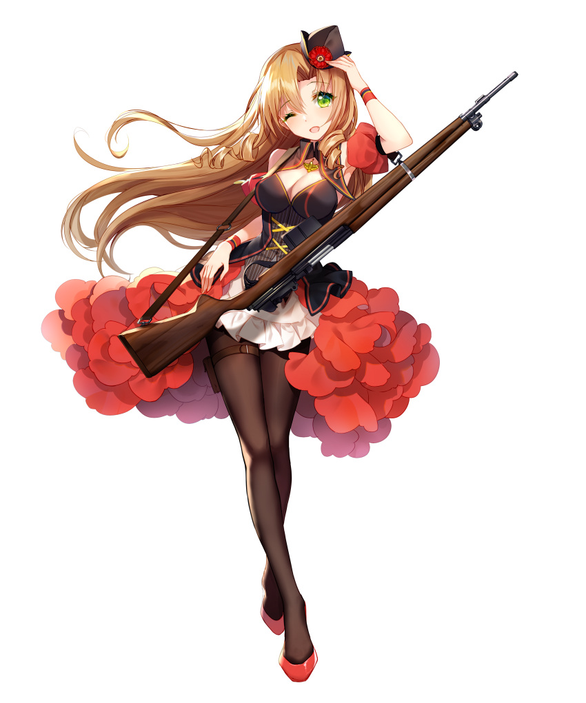 1girl absurdres bangs bison_cangshu blush breasts brown_hair cleavage crossed_legs drill_locks fn-49 fn-49_(girls_frontline) full_body girls_frontline gloves green_eyes gun hand_on_headwear hat high_heels highres large_breasts legs_crossed long_hair looking_at_viewer mod3_(girls_frontline) official_art one_eye_closed open_mouth pantyhose rifle sidelocks skirt smile solo thigh_strap transparent_background watson_cross weapon wristband