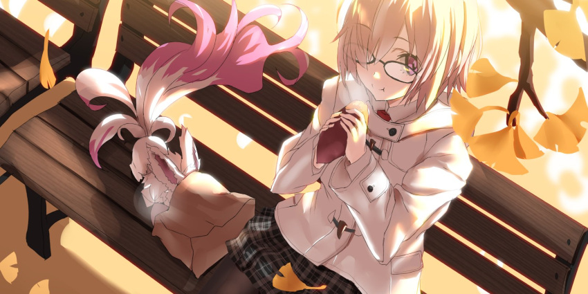 1girl autumn autumn_leaves bangs bench black_legwear collared_shirt eating eyebrows eyebrows_visible_through_hair fate/grand_order fate_(series) food fou_(fate/grand_order) glasses hair_over_one_eye highres hood hooded_jacket jacket lavender_hair long_sleeves mash_kyrielight necktie pantyhose pleated_skirt red_neckwear shirt sitting skirt solo sweet_potato tsuuhan violet_eyes white_jacket