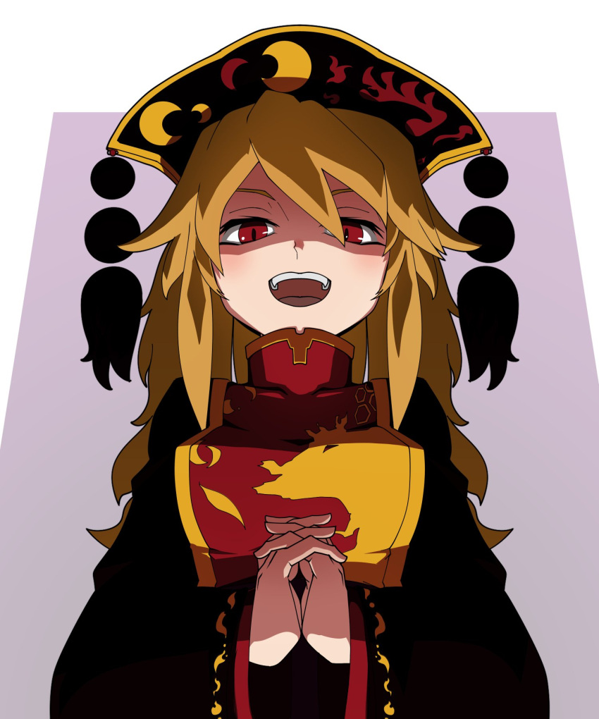 1girl black_dress black_hat blonde_hair chinese_clothes dress hair_between_eyes hat highres junko_(touhou) kikoka_(mizuumi) long_hair long_sleeves looking_at_viewer looking_down own_hands_together perspective purple_background red_eyes smile solo tabard tassel touhou turtleneck two-tone_background upper_body upper_teeth white_background wide_sleeves