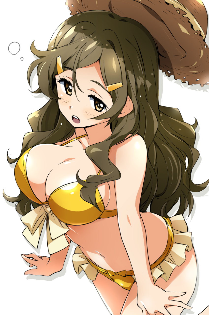 1girl absurdres bikini breasts brown_eyes brown_hair commentary_request cowboy_shot hair_ornament hairclip hat hat_removed headwear_removed highres large_breasts long_hair looking_at_viewer open_mouth shinomiya_himawari simple_background solo straw_hat swimsuit tokiani vividred_operation wavy_hair white_background yellow_bikini