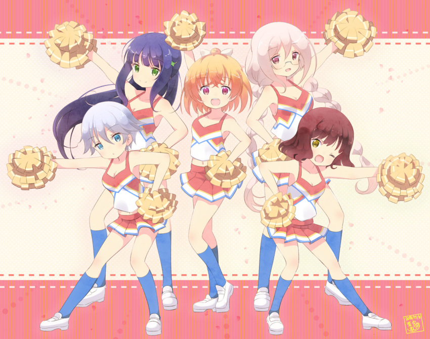 5girls :d ;d ahoge anima_yell! anne_happy aosora_neko blue_eyes blue_legwear blush braid brown_hair cheerleader closed_mouth collarbone commentary_request company_connection dated ekoda_ren eyebrows_visible_through_hair glasses green_eyes hagyuu_hibiki hair_bun hair_ornament hairclip hanakoizumi_an hibarigaoka_ruri highres kneehighs kumegawa_botan loafers long_hair looking_at_viewer low_twintails manga_time_kirara midriff multiple_girls navel number one_eye_closed open_mouth orange_hair outstretched_arm parody pink_eyes pink_hair pleated_skirt pom_poms ponytail purple_hair rimless_eyewear shirt shoes silver_hair skirt sleeveless sleeveless_shirt smile standing twin_braids twintails very_long_hair white_footwear yellow_eyes