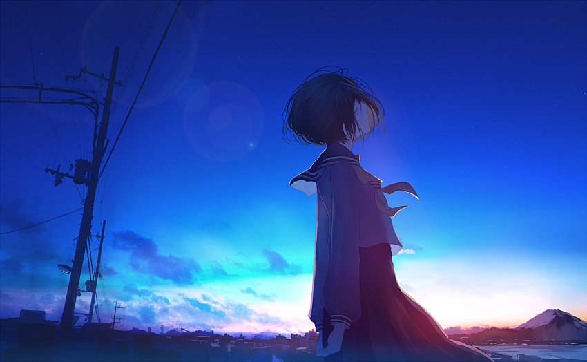 1girl arms_at_sides black_hair blue closed_eyes commentary_request highres lens_flare long_sleeves mifuru neck_ribbon original outdoors power_lines ribbon school_uniform serafuku short_hair skirt sky solo sunrise telephone_pole