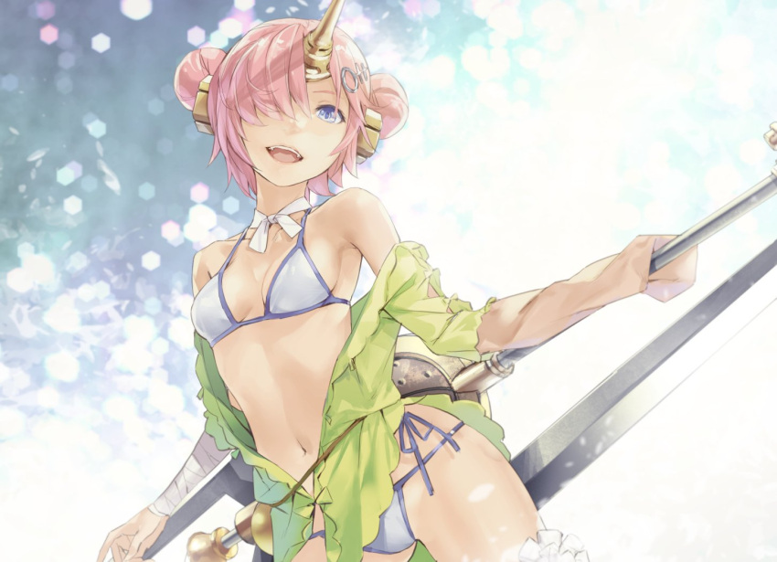1girl :d bandage bikini blue_bikini blue_eyes blue_ribbon breasts choker cleavage collarbone contrapposto double_bun fate/grand_order fate_(series) frankenstein's_monster_(fate) frankenstein's_monster_(swimsuit_saber)_(fate) green_jacket hair_over_one_eye head_tilt holding horn jacket long_sleeves looking_at_viewer open_clothes open_jacket open_mouth pink_hair redjuice ribbon ribbon_choker short_hair sleeves_past_wrists small_breasts smile solo standing swimsuit white_ribbon