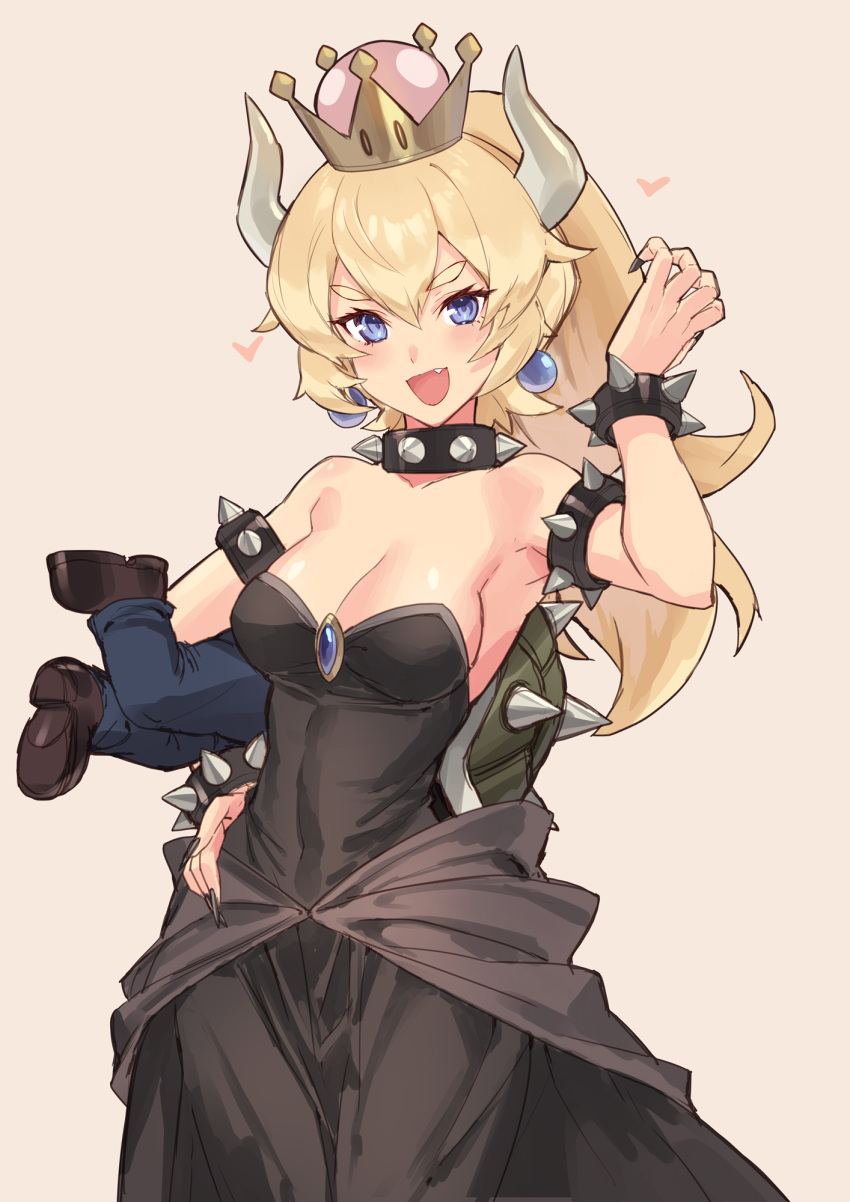 1boy 1girl bare_shoulders black_dress blonde_hair blue_earrings blue_eyes blue_pants bowsette bracelet breasts cleavage collar collarbone crown dress fang hair_between_eyes hand_up heart highres holding horns jewelry long_hair looking_at_viewer mario super_mario_bros. medium_breasts new_super_mario_bros._u_deluxe nintendo open_mouth orange_background pants ponytail shoes sigm@ simple_background smile spiked_armlet spiked_bracelet spiked_collar spiked_shell spikes strapless strapless_dress super_crown turtle_shell