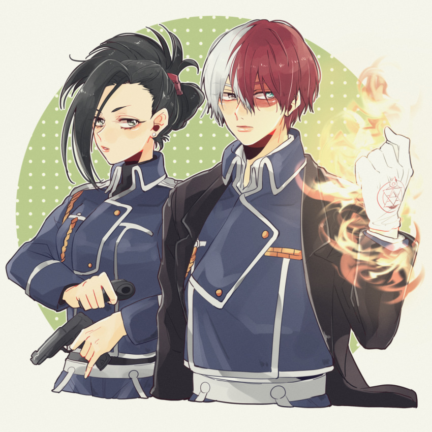 1boy 1girl amestris_military_uniform black_coat black_hair blue_eyes boku_no_hero_academia cosplay dual_wielding earrings fire folded_ponytail fullmetal_alchemist gloves grey_eyes gun handgun heterochromia highres hiyoko_(prism.) holding jewelry long_hair looking_at_viewer multicolored_hair pistol redhead riza_hawkeye riza_hawkeye_(cosplay) roy_mustang roy_mustang_(cosplay) todoroki_shouto two-tone_hair weapon white_gloves white_hair yaoyorozu_momo