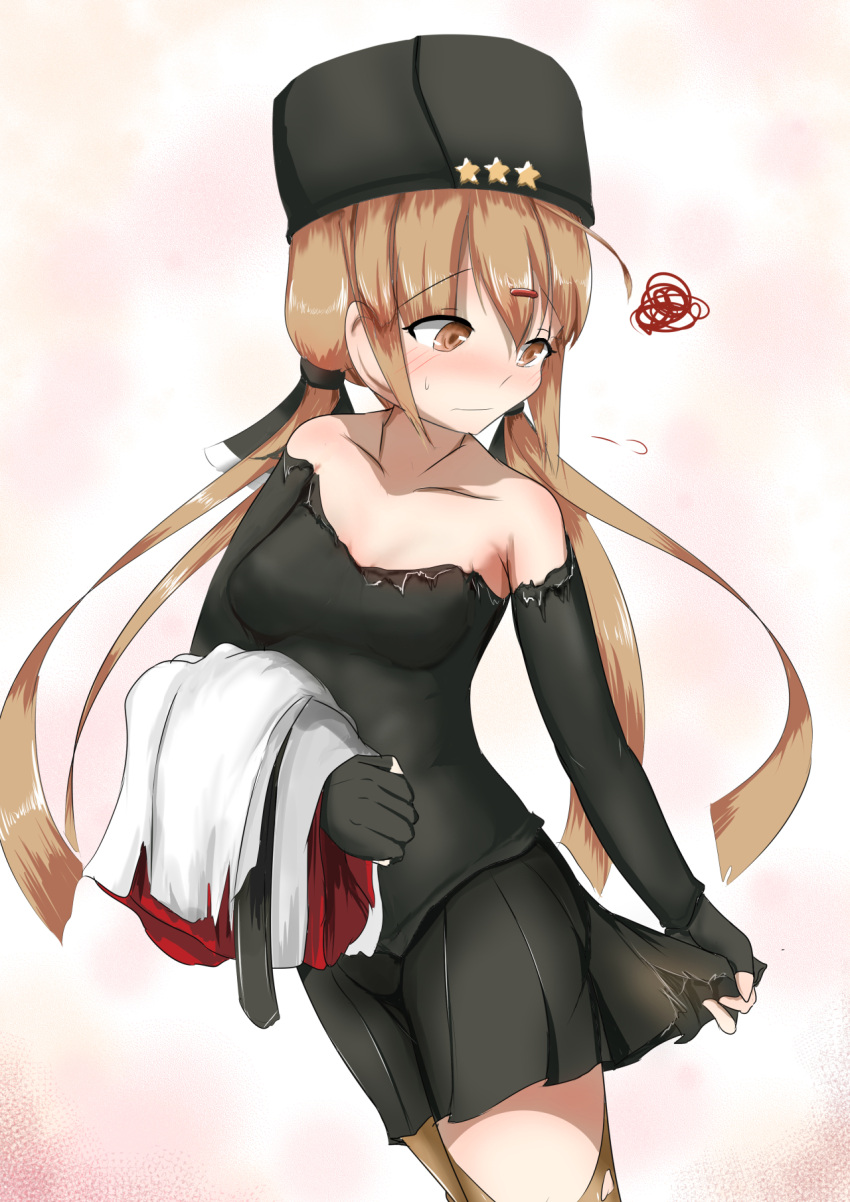 1girl black_bow black_hat black_skirt blush bow breasts brown_eyes brown_hair brown_legwear closed_mouth eyebrows_visible_through_hair fingerless_gloves gloves gradient gradient_background hair_between_eyes hair_bow hair_ornament hairclip hat highres jacket kantai_collection long_hair low_twintails medium_breasts oni_(onirenger) papakha shirt skirt solo star tashkent_(kantai_collection) thigh-highs torn_clothes torn_legwear twintails untucked_shirt white_jacket