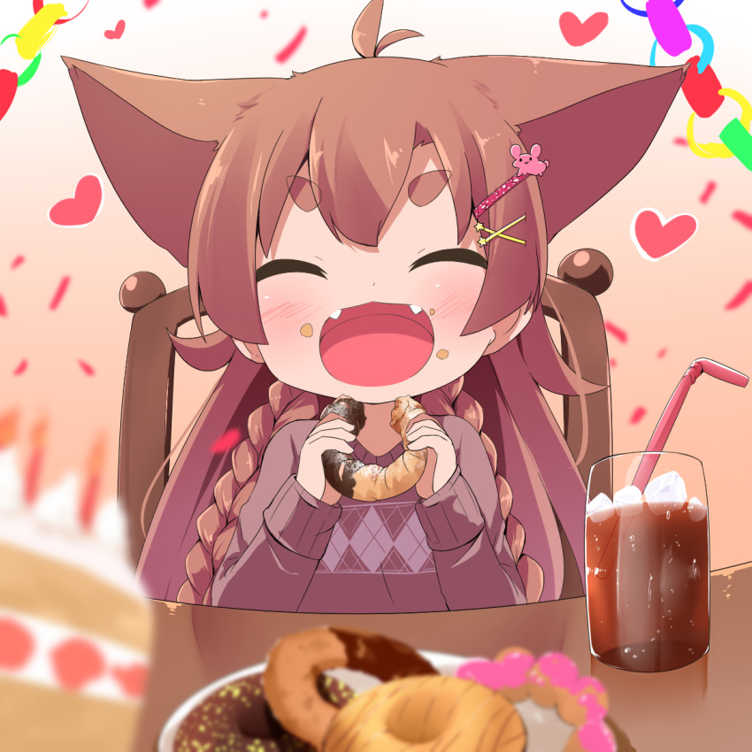 1girl :d ^_^ animal_ears antenna_hair bangs bendy_straw blurry blurry_foreground blush braid brown_hair cake chair closed_eyes closed_eyes commentary_request confetti cup depth_of_field doughnut drink drinking_glass drinking_straw eyebrows_visible_through_hair facing_viewer fangs food food_on_face hair_between_eyes hair_ornament hairclip heart highres holding holding_food ice ice_cube long_hair makuran momiji_(makuran) on_chair open_mouth original plate short_eyebrows sitting slice_of_cake smile solo table thick_eyebrows twin_braids very_long_hair