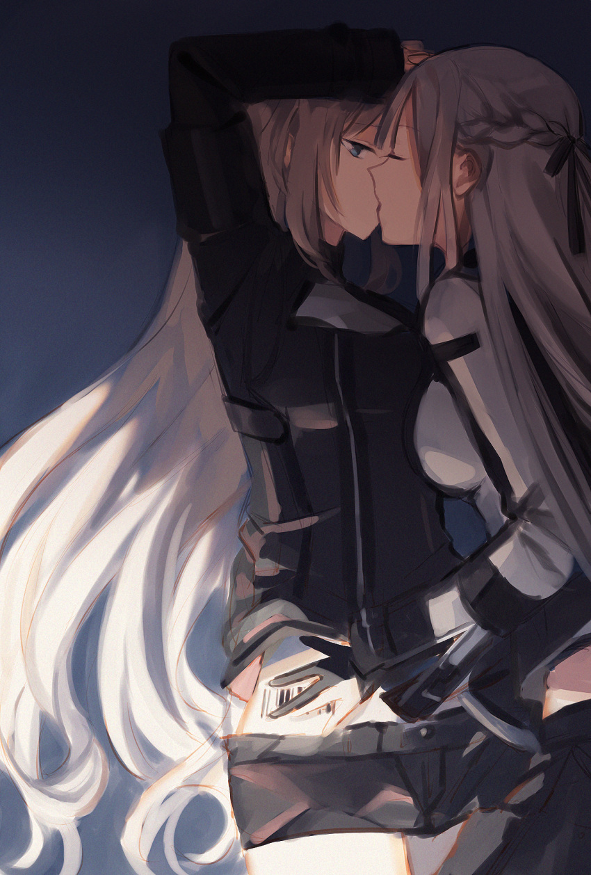 2girls ak-12_(girls_frontline) an-94_(girls_frontline) arm_up barcode_tattoo black_gloves black_jacket blonde_hair blue_eyes braid closed_eyes closed_mouth eyebrows_visible_through_hair french_braid girls_frontline gloves hairband hand_on_another's_hip highres jacket kiss leg_between_thighs long_hair long_sleeves looking_at_another military military_uniform multiple_girls short_shorts shorts silver_hair tattoo uniform yhyh yuri