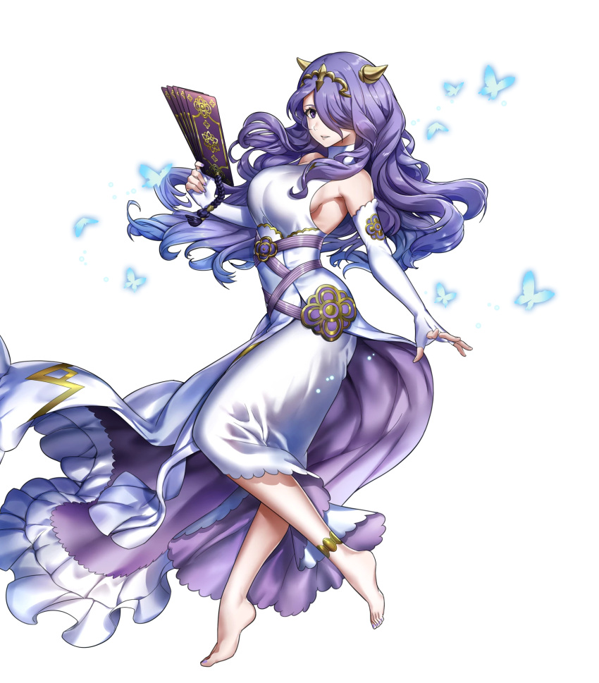 1girl barefoot breasts camilla_(fire_emblem_if) dress feet fire_emblem fire_emblem_heroes fire_emblem_if highres large_breasts long_hair nail_polish nintendo official_art purple_hair sideboob solo toes transparent_background violet_eyes