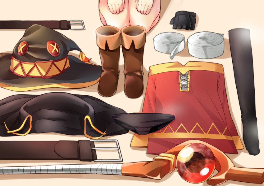 1girl bandage belt belt_removed black_cape black_gloves black_hat black_panties boots boots_removed brown_footwear cape cape_removed commentary_request dress dress_removed fingerless_gloves gloves gloves_removed hat hat_removed headwear_removed highres kono_subarashii_sekai_ni_shukufuku_wo! megumin out_of_frame panties panties_removed red_dress seiza single_thighhigh sitting solo staff sweat thigh-highs thighhighs_removed tokihanatareshi underwear