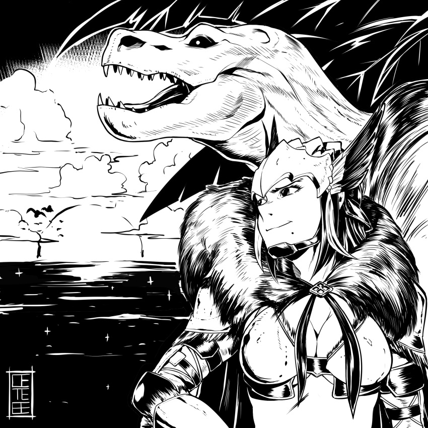 1girl absurdres anjanath anjanath_(armor) armor breasts cete_(controllingtime) greyscale highres mole mole_under_mouth monochrome monster_hunter monster_hunter:_world solo