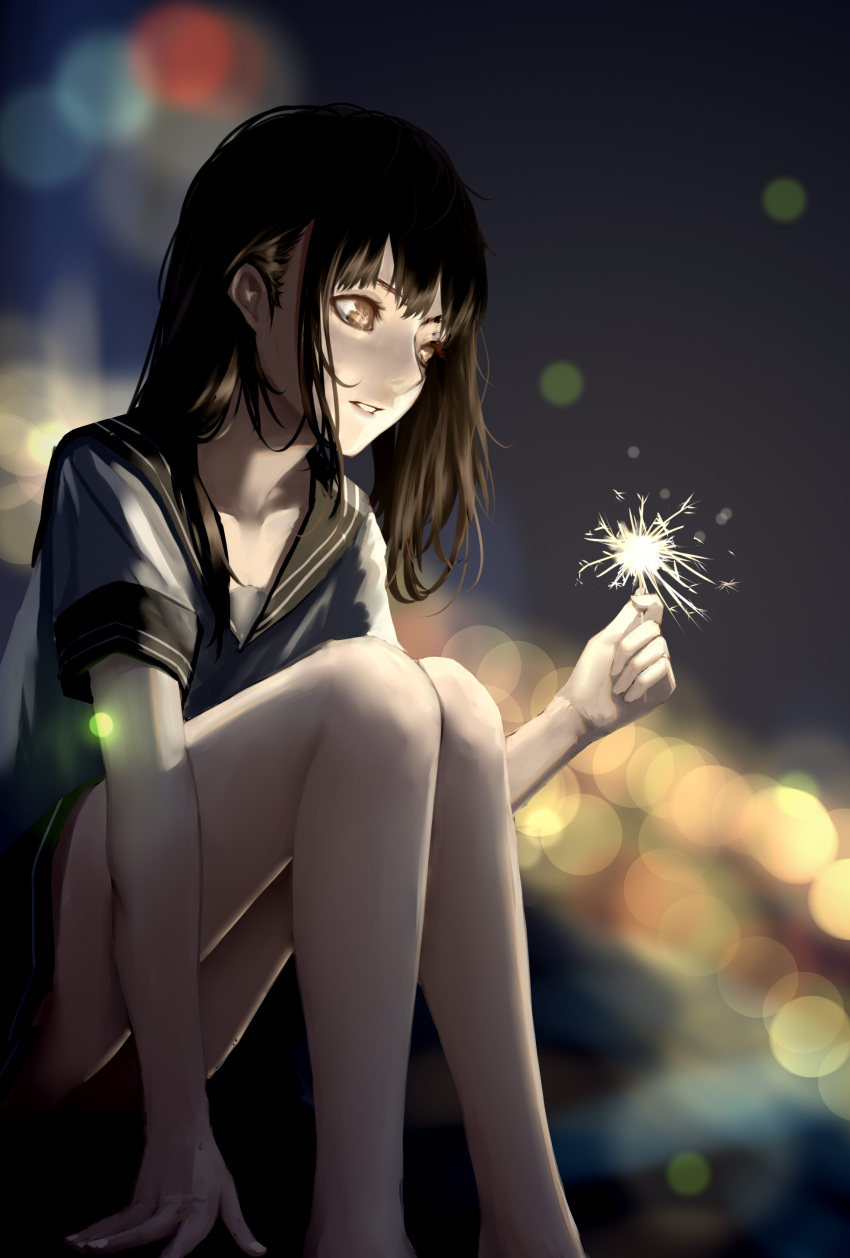 1girl absurdres black_hair black_sailor_collar black_skirt blurry bokeh brown_eyes commentary_request depth_of_field feet_out_of_frame fingernails fireworks highres light long_hair nail_polish original sailor_collar shirt short_sleeves sitting skirt solo sparkler tacshojosora white_nails white_shirt