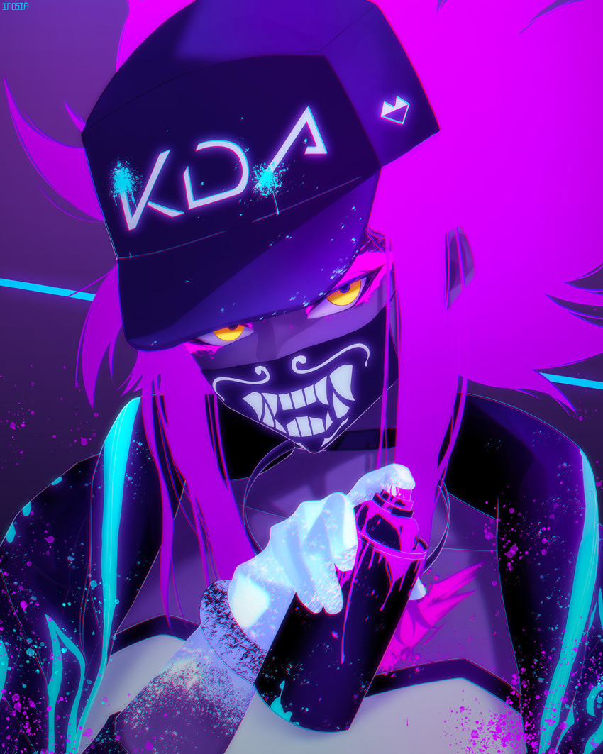 1girl akali baseball_cap choker cropped_jacket face_mask gloves glowing hat highres inosia inverted_colors k/da_(league_of_legends) k/da_akali league_of_legends looking_at_viewer mask paint ponytail purple_hair solo spray_can ultraviolet_light yellow_eyes