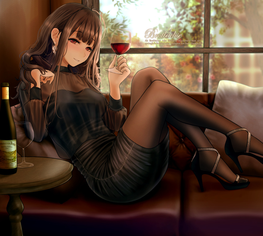 1girl alcohol bangs black_dress black_footwear blunt_bangs blurry blurry_background blush bottle breasts brown_hair cup day dress drinking_glass dsr-50_(girls_frontline) earrings eyebrows_visible_through_hair girls_frontline hair_ornament high_heels highres holding holding_cup indoors jewelry large_breasts long_hair long_sleeves looking_at_viewer parted_lips reclining red_eyes sidelocks sitting smile solo testame very_long_hair window wine wine_glass