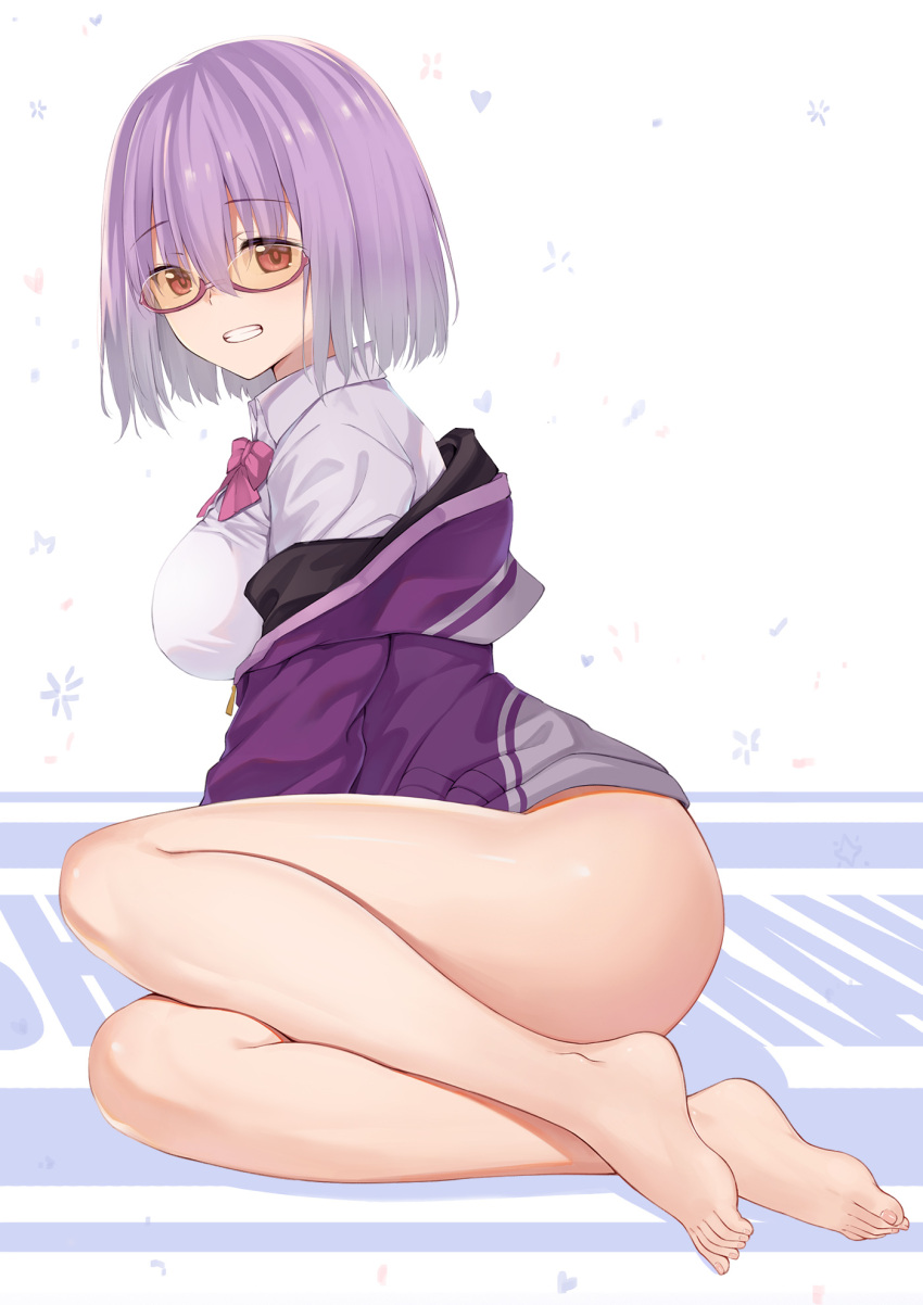 1girl ass bangs bare_legs barefoot baseness bow bowtie breasts character_name collared_shirt eyebrows_visible_through_hair feet full_body glasses gradient_hair grey_shirt heart highres jacket large_breasts lavender_hair long_sleeves looking_at_viewer multicolored_hair no_pants off_shoulder pink_neckwear purple-framed_eyewear purple_hair purple_jacket red_eyes semi-rimless_eyewear shinjou_akane shirt short_hair sitting smile solo ssss.gridman teeth toenails toes under-rim_eyewear white_background